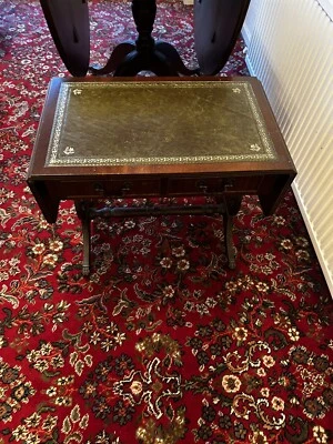 Vintage Small Extending Green Leather Topped Table With Draws  - Image 1 of 4