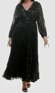 Taylor Women's Black Shimmering Floral Pleated Chiffon Maxi Dress Plus Size 16W - Picture 1 of 3