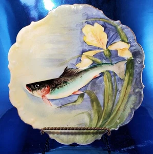 Flambeau Limoges GABINETE PLACA DE PESCADO Pintado a Mano, Firmado por Artista, 1890-1914 - Imagen 1 de 9