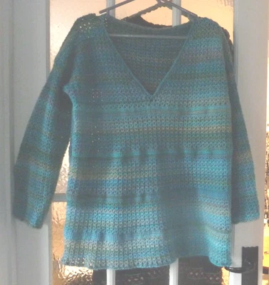 Jersey Grueso Crochet 16 18 Mangas Largas Cuello en V Tonos Azul Verde Turquesa Foto 1 de 2