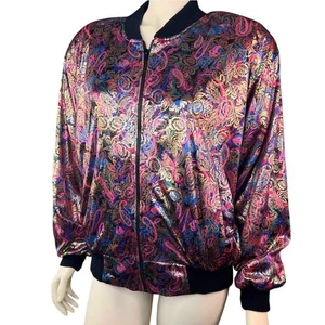 BINGO Vintage Metallic Maximalist Pink Paisley Jacket Zip Up Shiny Bright Lucky - Picture 1 of 15