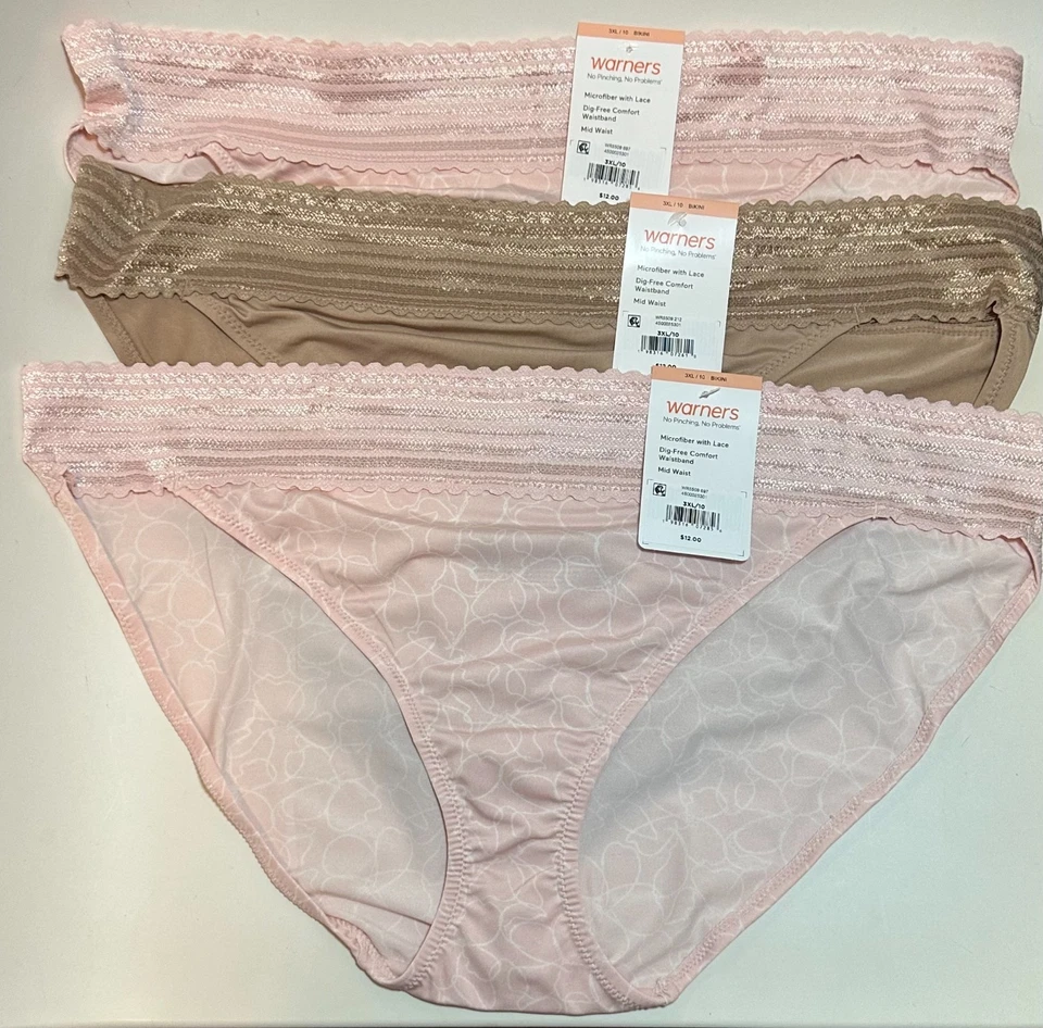 NWT 3 Warner's No Pinching/Problems Bikini Panties 5509 Floral Trace/Tan 3XL/10 - Image 1 of 1