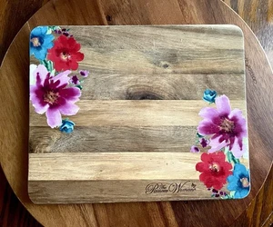 Pioneer Woman Wood Cutting Board - Floral Painting - 10 1/2" x 8 1/2" x 1” - Picture 1 of 4