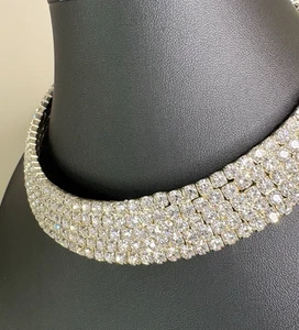 Vintage Mid-Century Necklace Glass Rhinestone Collar 5 Row Silver Tone 3/4" - Picture 1 of 12
