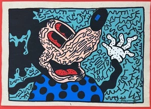 Keith Haring (Handmade) Mischtechnik auf Papier Gemälde signiert und gestempelt - Bild 1 von 2