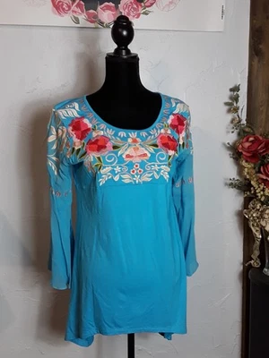 NEW- TUNIQUE Turquoise Western Embroidered Floral Sheer Flare Sleeves Tunic M - Image 1 of 4