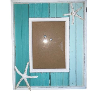 Marco de fotos decoración playa costera estrellas de mar verde blanco madera envejecida mesa Foto 1 de 4