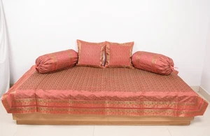 Traditional Banarasi Diwan Set Dark Peach Silk with Zari Brocade Cushion Bolster - Picture 1 of 14