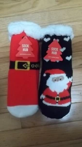 Children's Christmas Sherpa Black Socks Size 6-8 No Slip Bottom. Red & Black Set - Picture 1 of 3