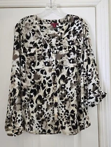 212 Collection Top Women XL Animal Print L/S Button V Neck Roll Up L/S Blouse - Picture 1 of 11