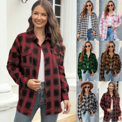 Womens Check Blouse Casual Loose Blouse Shacket Top Shirt Coat Holiday PLUS SIZE - Image 1 of 4