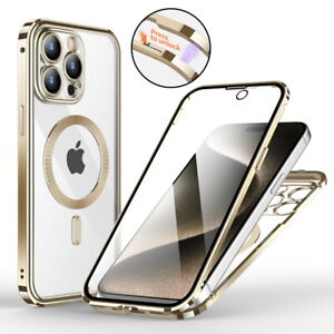 Tempered Glass Double-Sided Magnetic Metal Case For iPhone 12 13 14 15 MagSafe