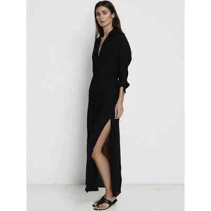 Faithfull The Brand South Beach Kaftan Maxi Dress 6 8 10 Long Sleeve Slit Black - Picture 1 of 12