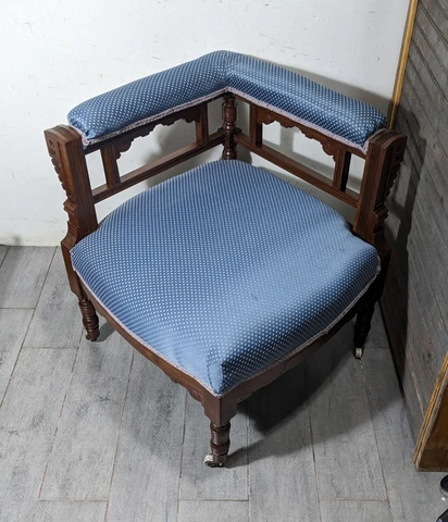 Antique Victorian Eastlake Carved Wood Rolling Corner Chair Stool Cover