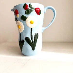 Anthropologie Foster Icon Stoneware Blue Strawberry Floral Jug Pitcher - Picture 1 of 7
