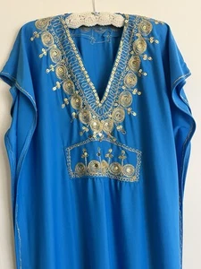 Vintage Handmade Turquoise Kaftan With Gold Embroidery and Sequins - Picture 1 of 13