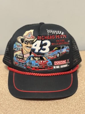 De colección Años 80 Richard Petty STP NASCAR Carreras Pontiac Espuma Camionero Cuerda Sombrero Negro Foto 1 de 3