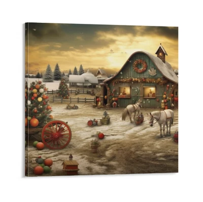 Vintage Farmhouse Country Christmas Holiday Canvas Wall Decor Snow 16 x 16 NEW - Image 1 of 4