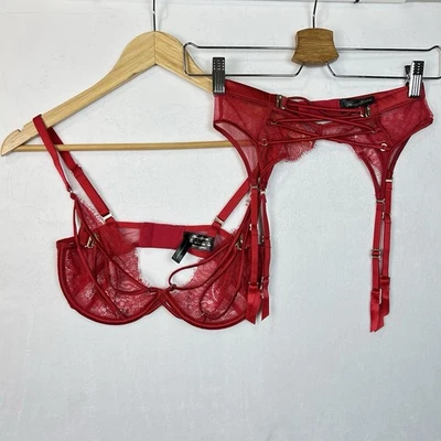 Honey Birdette Tessa in Tango Red 2-Piece Set Size 10E Bra XS Garter - image 1 of 4