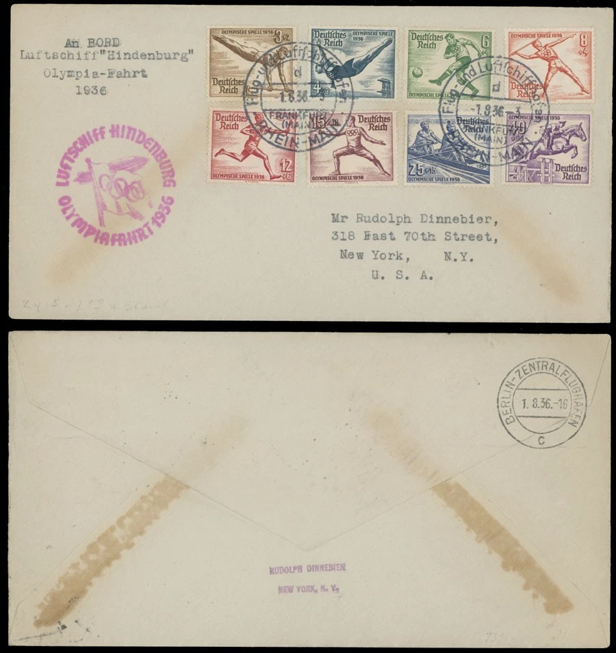 1936 GERMANY ZEPP-AIRSHIP HINDENBURG OLYMPIC FLIGHT COVER, CPLT SET FRANKING - Image 1 of 1
