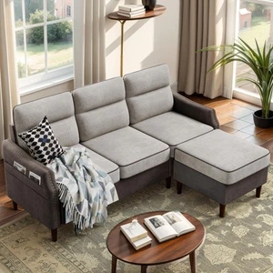 78” L Shaped Sofa Couch, 3-Seat Sectional Couch with Reversible Ottoman, 100%... - Picture 1 of 7