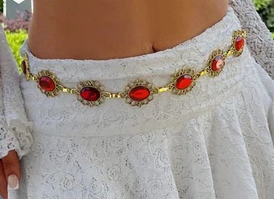 CINTURÓN CADENA GEMA- Elegante Cadena Cintura Estilo Vintage Rubí Patrón Floral Foto 1 de 4