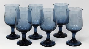 6 Vintage Pfaltzgraff Yorktowne Cobalt Blue Etched 5.5" Stemmed Wine Glasses Set - Picture 1 of 4