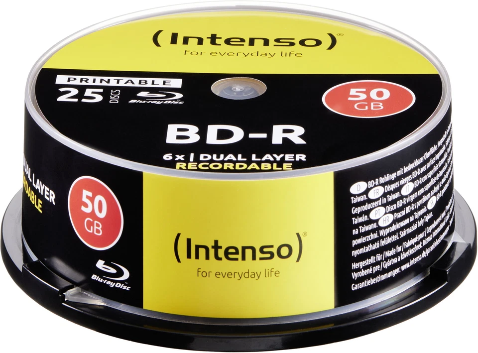25 Intenso Rohlinge Blu-ray BD-R Dual Layer full printable 50GB 6x Spindel - Bild 1 von 1