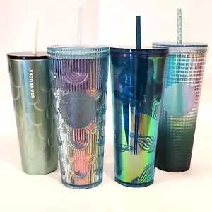 Starbucks Tumbler Venti Cold Cup 24oz Green Mermaid Scales Ombre Grid Lot of 4 - Picture 1 of 5