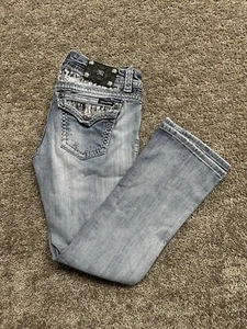 Miss Me Jeans 29x31 Mid Rise Easy Boot Cut Stretch Flap Pocket Rhinestone Sequin - Picture 1 of 19