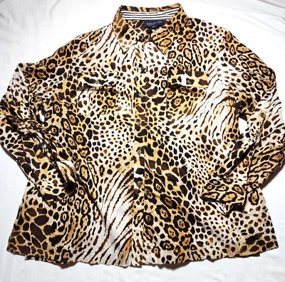 Jones New York Top Womens Size 2X Brown Animal Print Leopard Long Sleeve Collar - Image 1 of 4