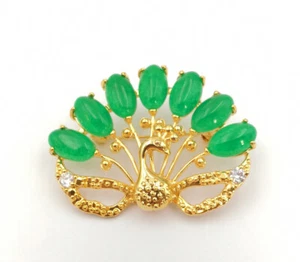 Green Multicolor Genuine Jade Drop 18KGP Rhinestone Peacock Peafowl Brooch Pin - Picture 1 of 19