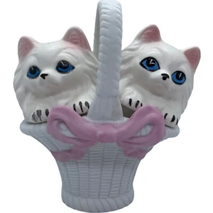 Vtg Pair of kittens Kitty Cats salt pepper shakers in handled basket Blue Eyes - Picture 1 of 8