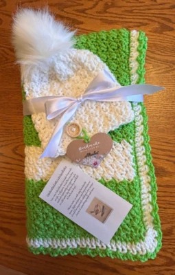 Baby Kelly Green -  farmhouse style handmade crochet baby blanket & hat set - Image 1 of 4
