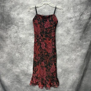 VTG Y2K City Triangles Sheath Dress Size 5 Black Red Floral Whimsigoth Ruffle - Picture 1 of 8