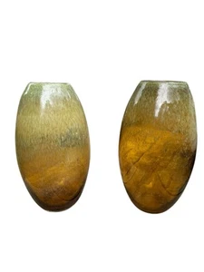 Hand Blown Amber Yellow Art Glass Bubble Vases Egg Oblong Barrel Shaped Vintage - Picture 1 of 12