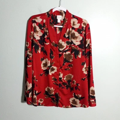 Blusa Chico's Top Talla 3/XL, Rojo Negro Floral Plisado Túnica Fiesta Carrera Foto 1 de 4