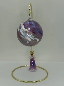 Hand Blown Studio Art Glass Ornament Pink Ball Orb Confetti Swirl W/Stand + - Picture 1 of 15