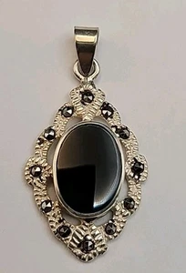 Vintage Sterling Silver 925 Onyx & Marcasite Pendant - Picture 1 of 7