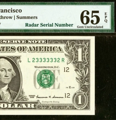 1999 $1 San Francisco Gem Radar FRN PMG 65EPQ fancy radar serial number 23333332 - Image 1 of 3