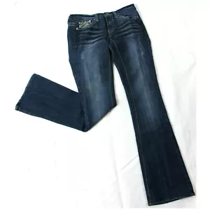 Vintage Mudd Distressed Embroidered Dark Wash Stretch Low Rise Flair Jeans 3 Y2K - Picture 1 of 11