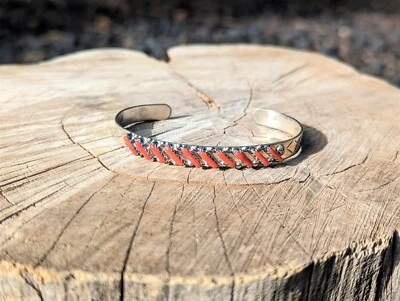 Zuni Cuff Bracelet, Coral Needlepoint Sterling Silver sz 6.5, Signed Jewelry - Image 1 of 4