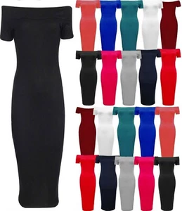 WOMEN'S BARDOT MIDI OFF THE SHOULDER MIDI DRESS LADIES MIDI DRESS SIZE UK 8-26 - Picture 1 of 13