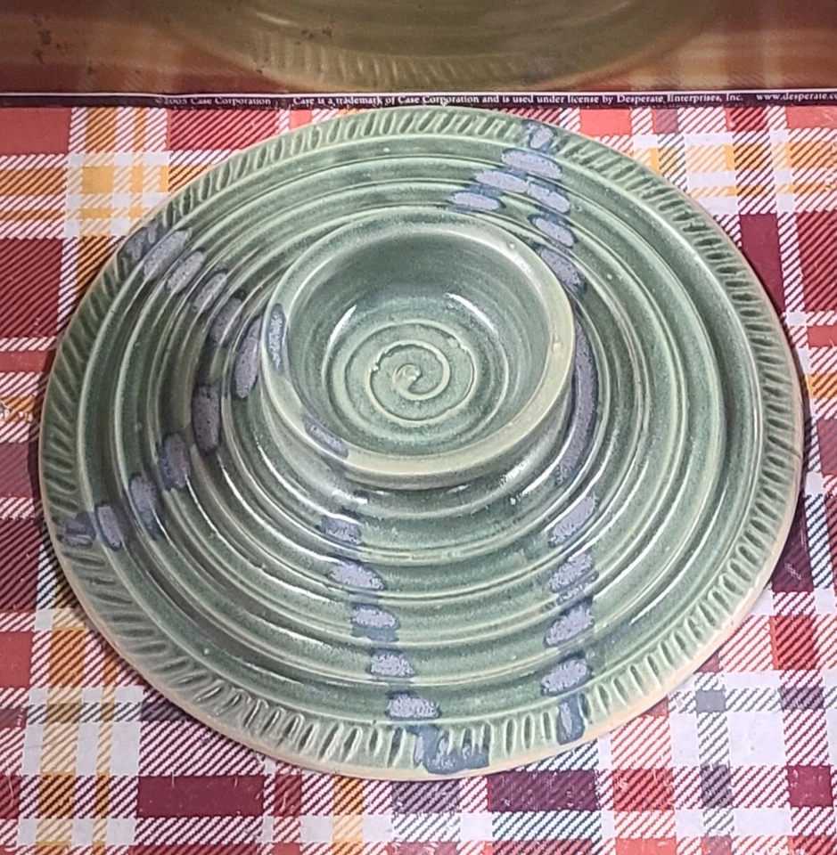 Candelabro de gres cerámica arte estudio vintage patrón de remolino verde 9x2" Foto 1 de 4