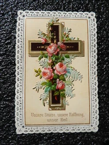 c.1900 Kreuz mit Rosen HEILIGENBILDCHEN Spitzenbildchen holy Canivet Prägebild - Bild 1 von 11