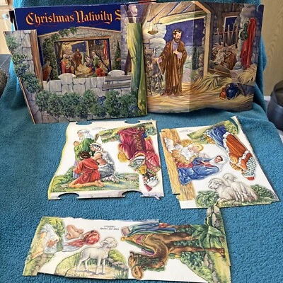 Belén recortado de cartón navideño vintage caja original juego de 10 piezas #Z Foto 1 de 4
