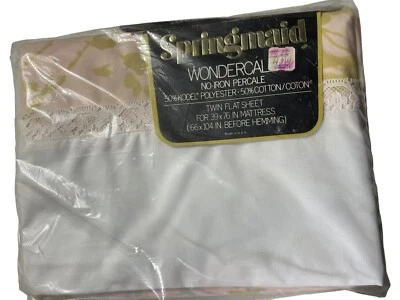 Vintage Springmaid Wondercale Pink Floral Twin Flat Sheet Lace Trim 1970s New - Image 1 of 4