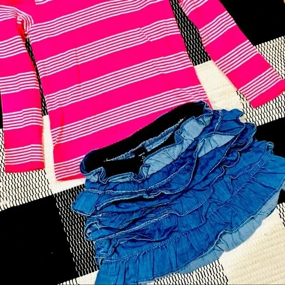 Gap denim ruffle skirt and pink long sleeve cotton striped shirt top 6 7 school - Image 1 of 4