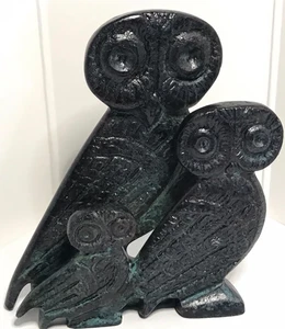 Antigua Escultura de Tres Búhos de Bronce Estilo Griego Artesanal 4" X 3 1/4" Buen Estado - Imagen 1 de 6