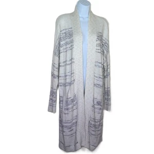 Pure Jill Long Cardigan Sweater Open Front White Blue Gray Pockets Stretch EUC M - Picture 1 of 8